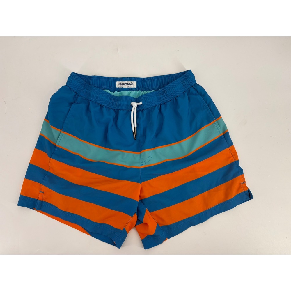 Maamgic Mens Swim Trunks Blue Orange Striped Board Shorts Size L
